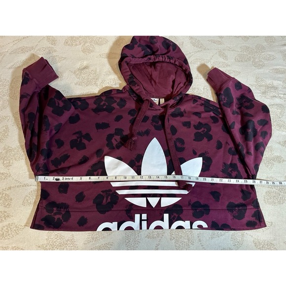 Adidas Big logo Burgundy/Black Leopard print cropped oversized Hoodie S - Picture 7 of 12